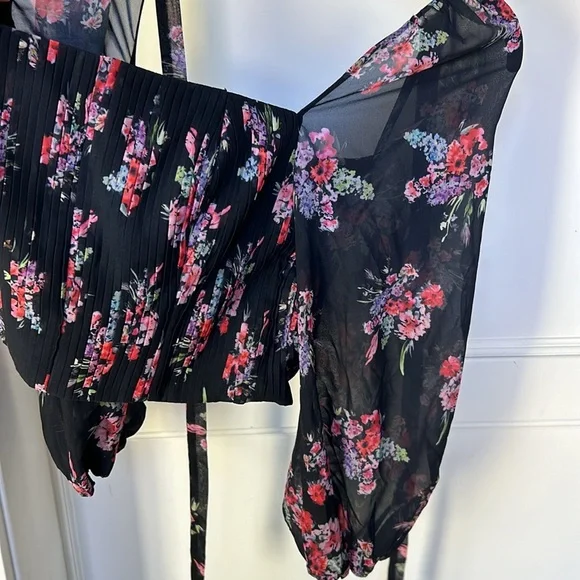 AMUR Beverly Top Sheer Long Sleeve Floral Black Corset Womens size Large - Picture 11 of 15